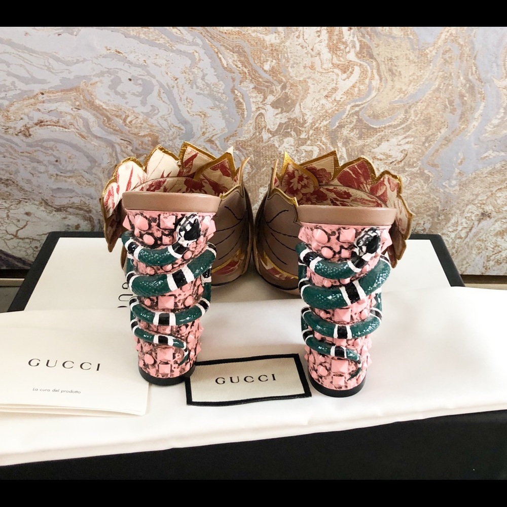 Gucci Webby Leaf Taupe Multicolor Leather Mules - Picture 5 of 8